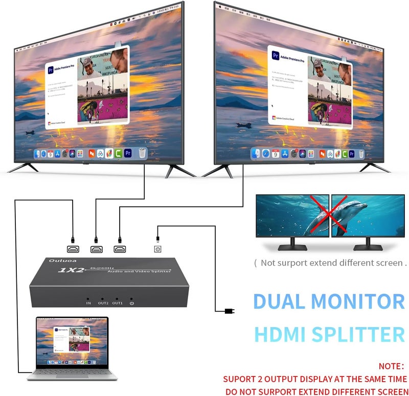 Ouluoa HDMI Splitter 1 in 2 Out 4K@60Hz - HDCP 2.2 & HDR10 Support | 18Gbps HDMI 2.0, EDID Management | Compatible with Roku, Fire TV, PS4, Xbox, 4K TV, Blu-Ray Player - Image 2
